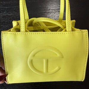 Yellow Leather telfar mini Tote Bag with Embossed Logo